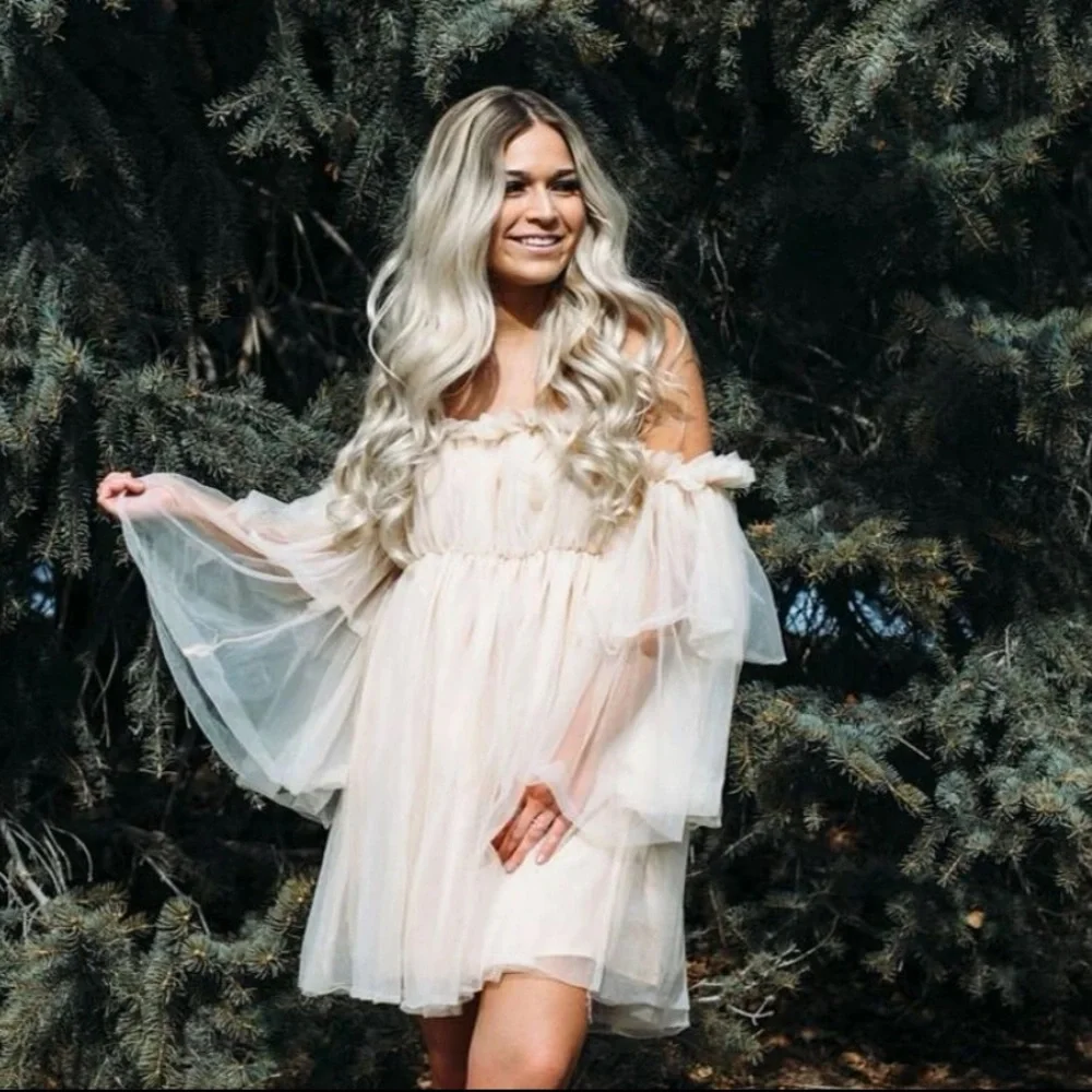 Ruffle dress mesh off shoulder fairy layer cream - Picture 7 of 14
